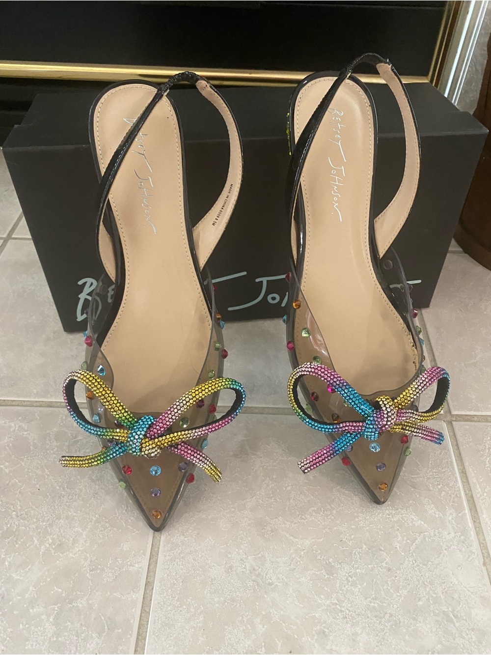 Betsey Johnson Clear Slingback flats with Rainbow Crystal Bow Size 8.5